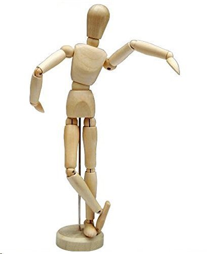 Wooden artist's mannequin in a dancing pose, standing on a wooden base