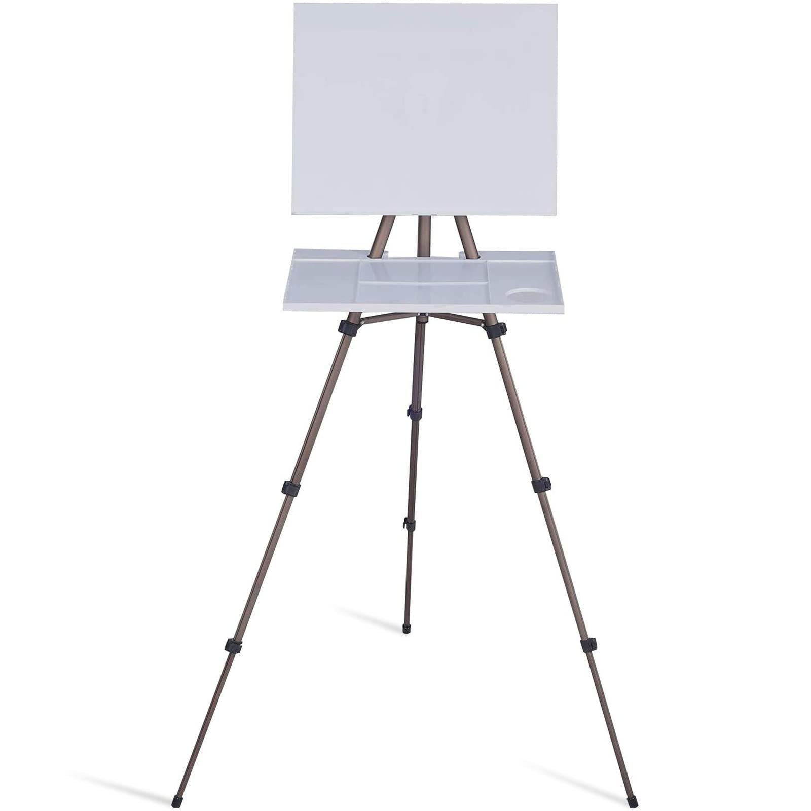 A portable easel with a white canvas and an adjustable tray