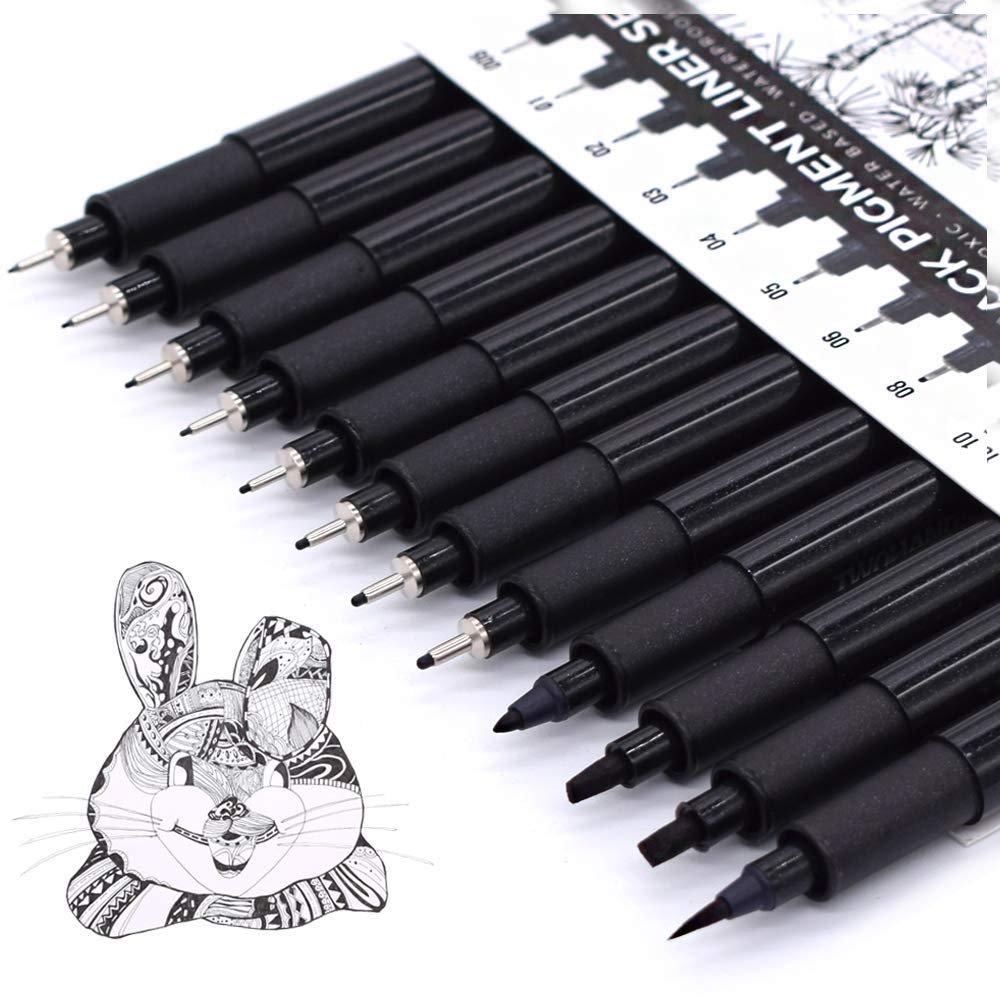 Black pigment liner pens with a detailed rabbit drawing