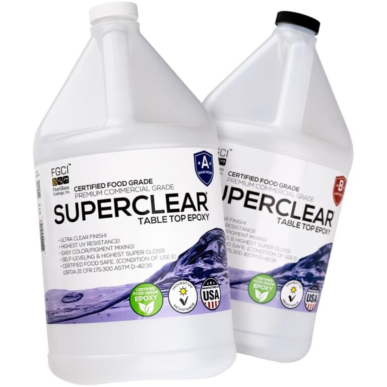 Two jugs of SuperClear table top epoxy, with labels and logos