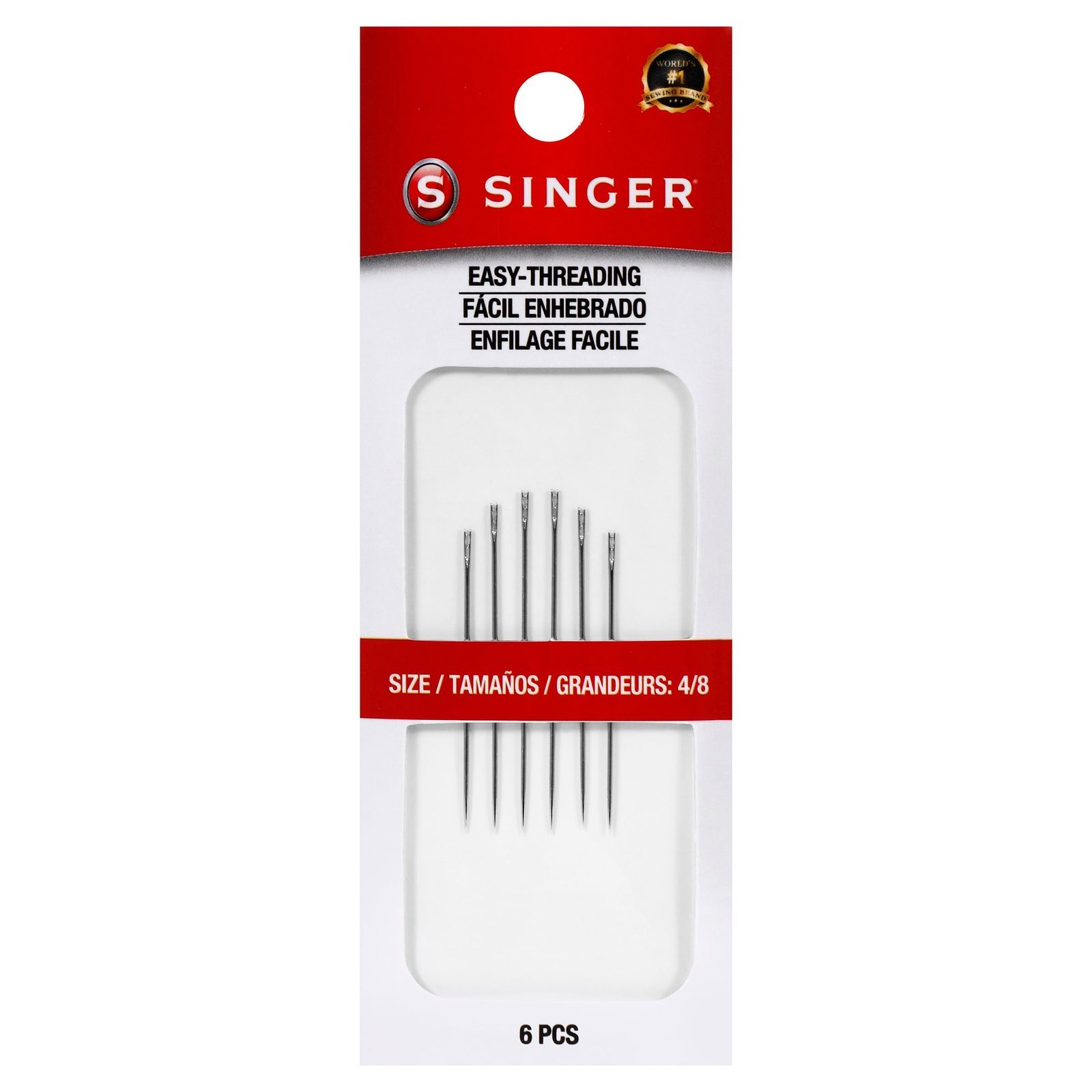 Singer easy-threading sewing needles in a package of six