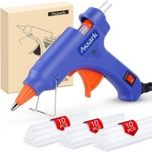 Blue and orange Assark glue gun with glue sticks and box