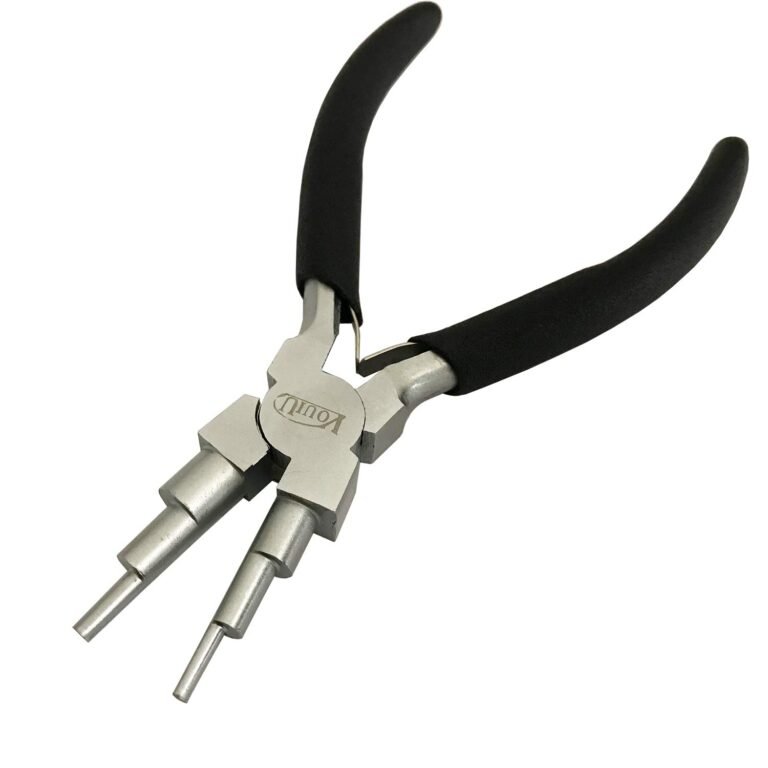 Jewelry-making pliers with black handles and stepped mandrels for forming loops