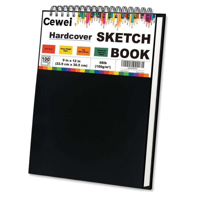 Black hardcover sketchbook with a spiral binding and colorful label