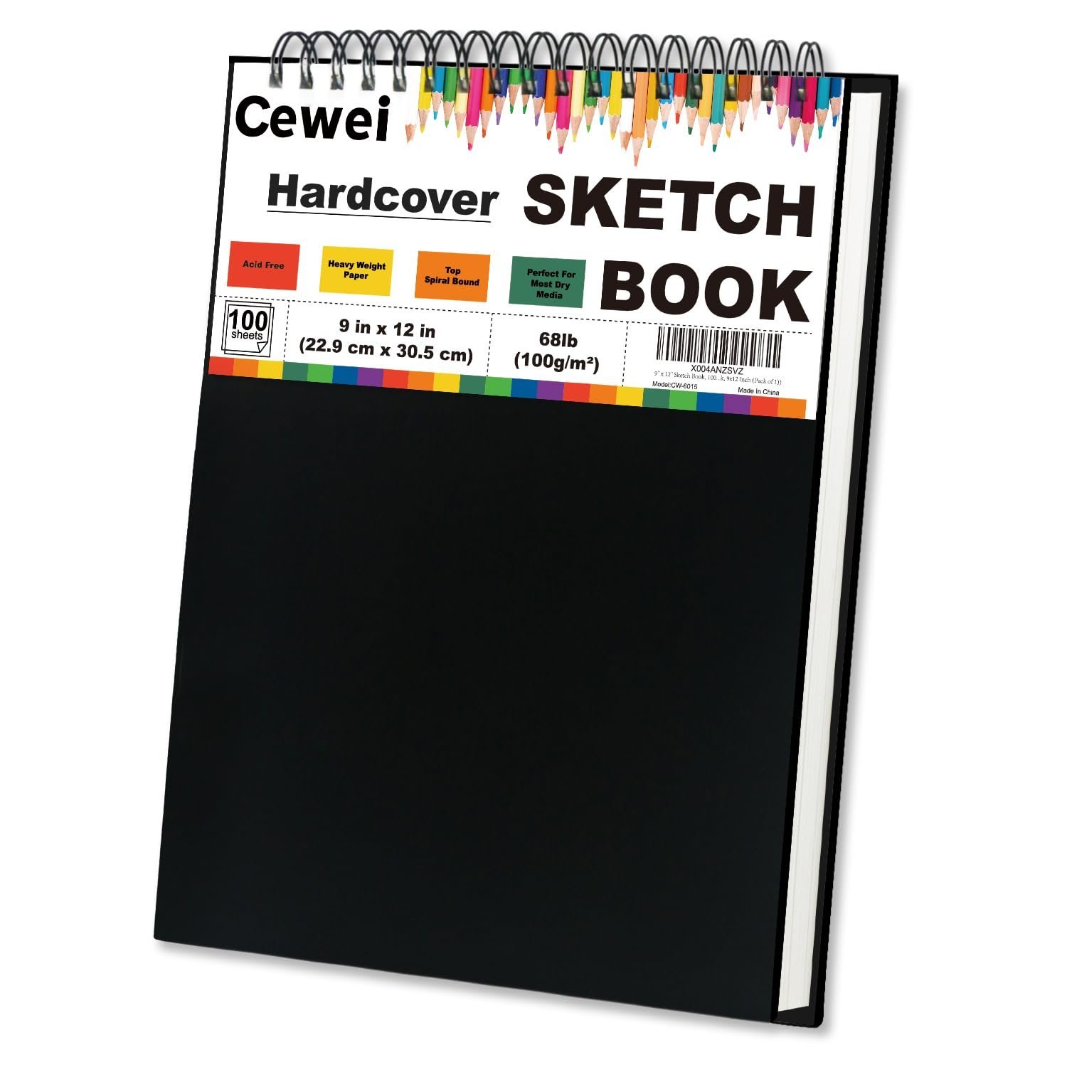 Black hardcover sketchbook with a spiral binding and colorful label