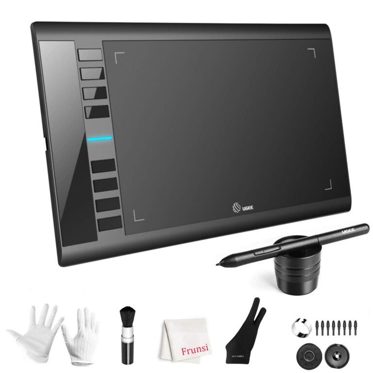 Black UGEE drawing tablet with pen, accessories, and cleaning supplies