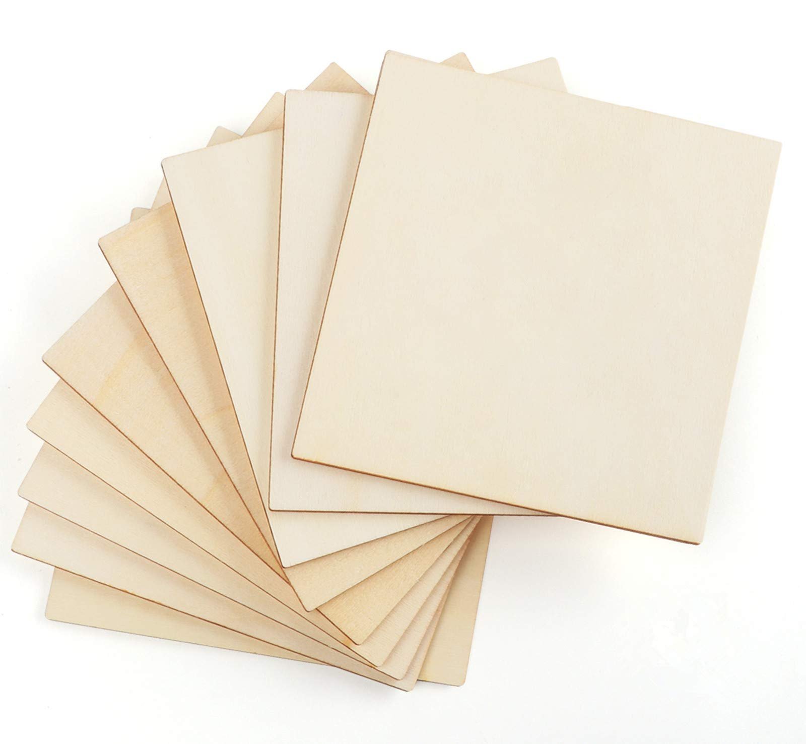 Fan of blank, square wooden craft pieces on a white background