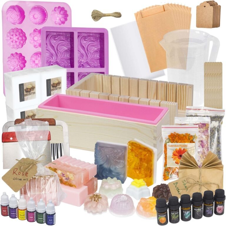 Soap making kit with molds, ingredients, and finished soaps