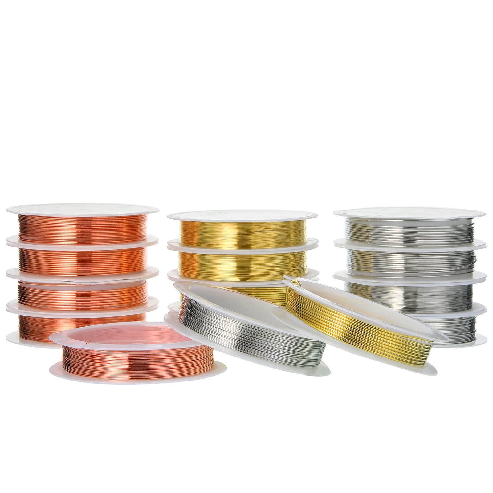 Spools of copper, gold, and silver colored wire for crafting