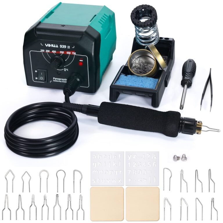 Soldering station with pyrography pen, tips, stencils, and accessories on white background