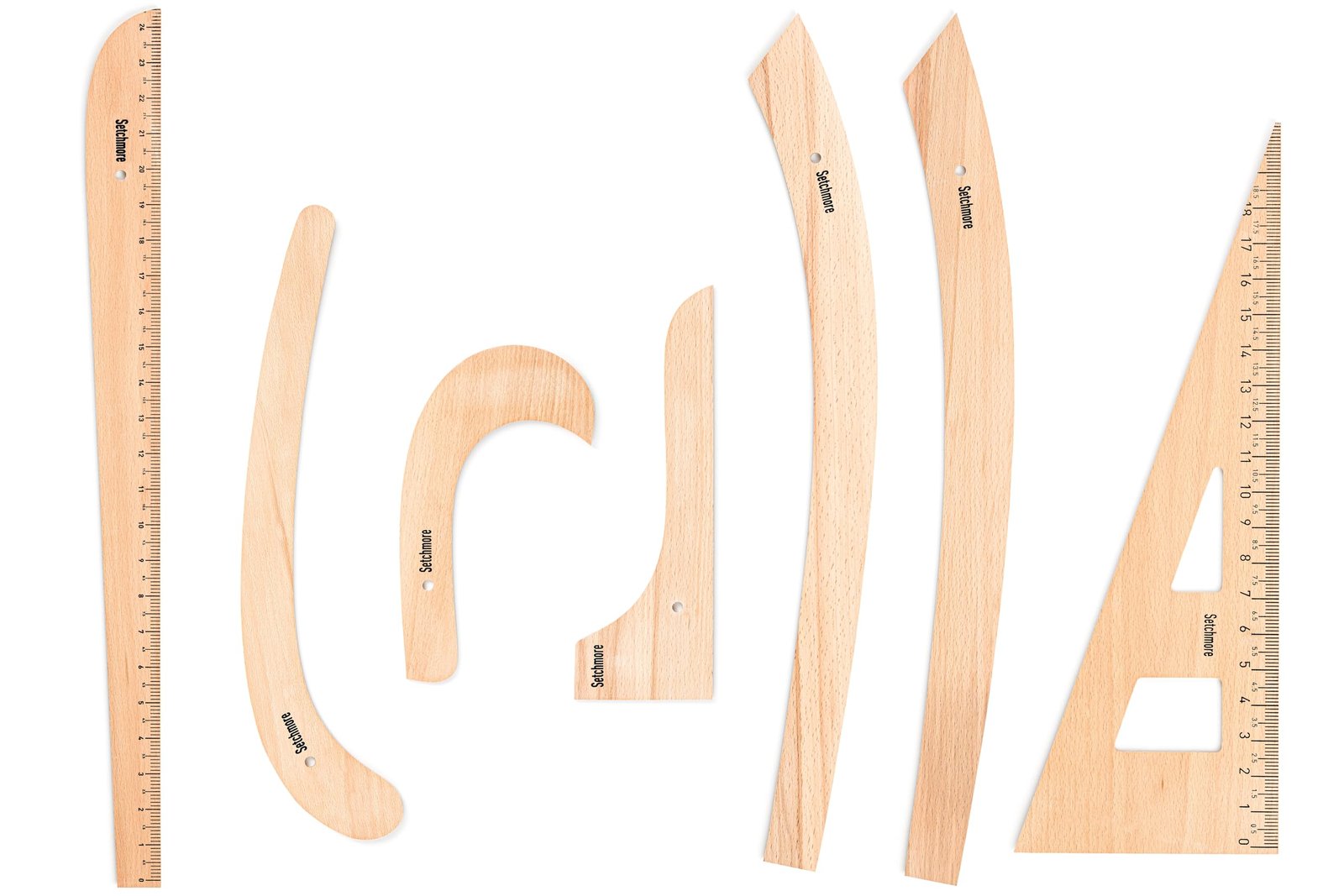 Wooden sewing rulers and curves, including a triangle and straight edge