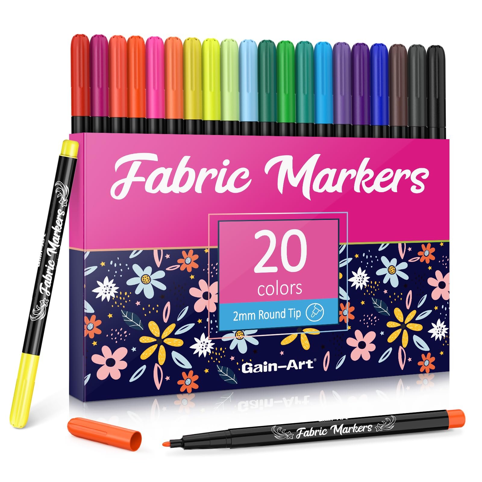 Box of 20 fabric markers in various colors, with two markers displayed separately