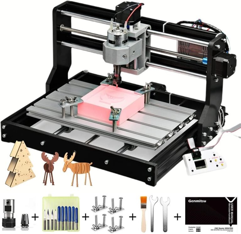 CNC router machine with accessories, including tools and sample wooden figures