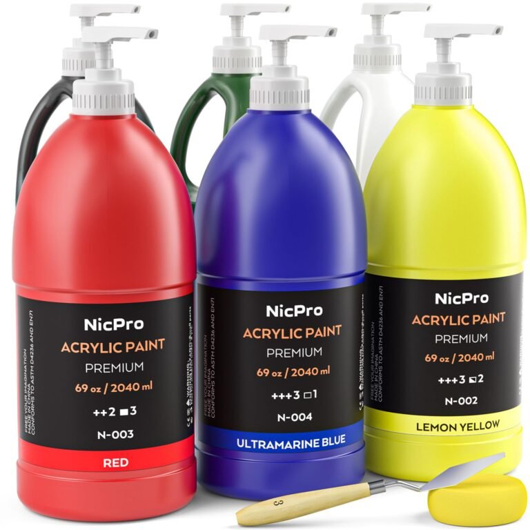 Bottles of NicPro acrylic paint in various colors with a palette knife