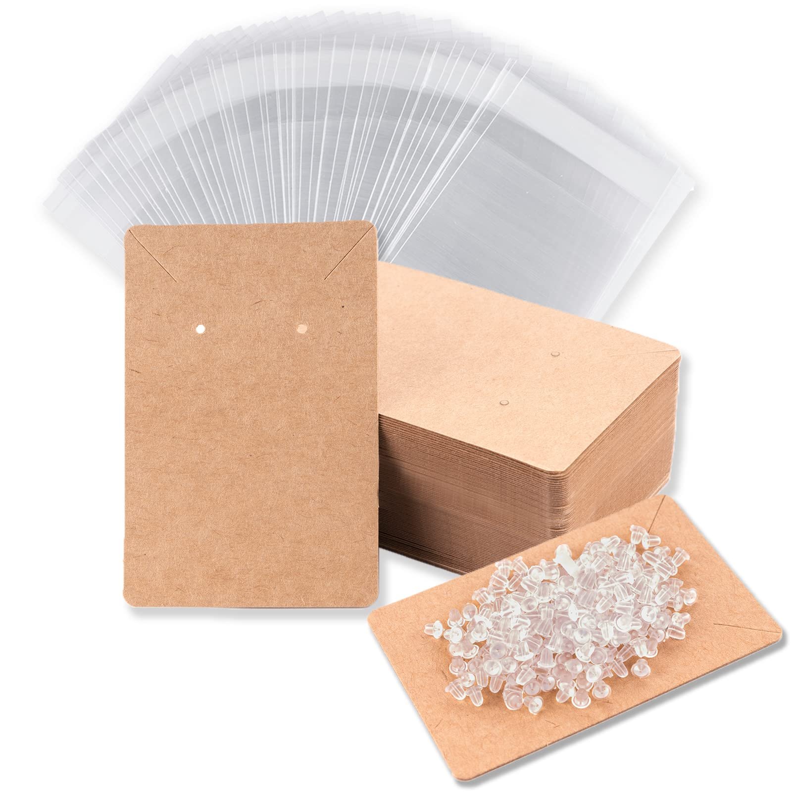 Earring display cards, plastic bags, and earring backs on a white background