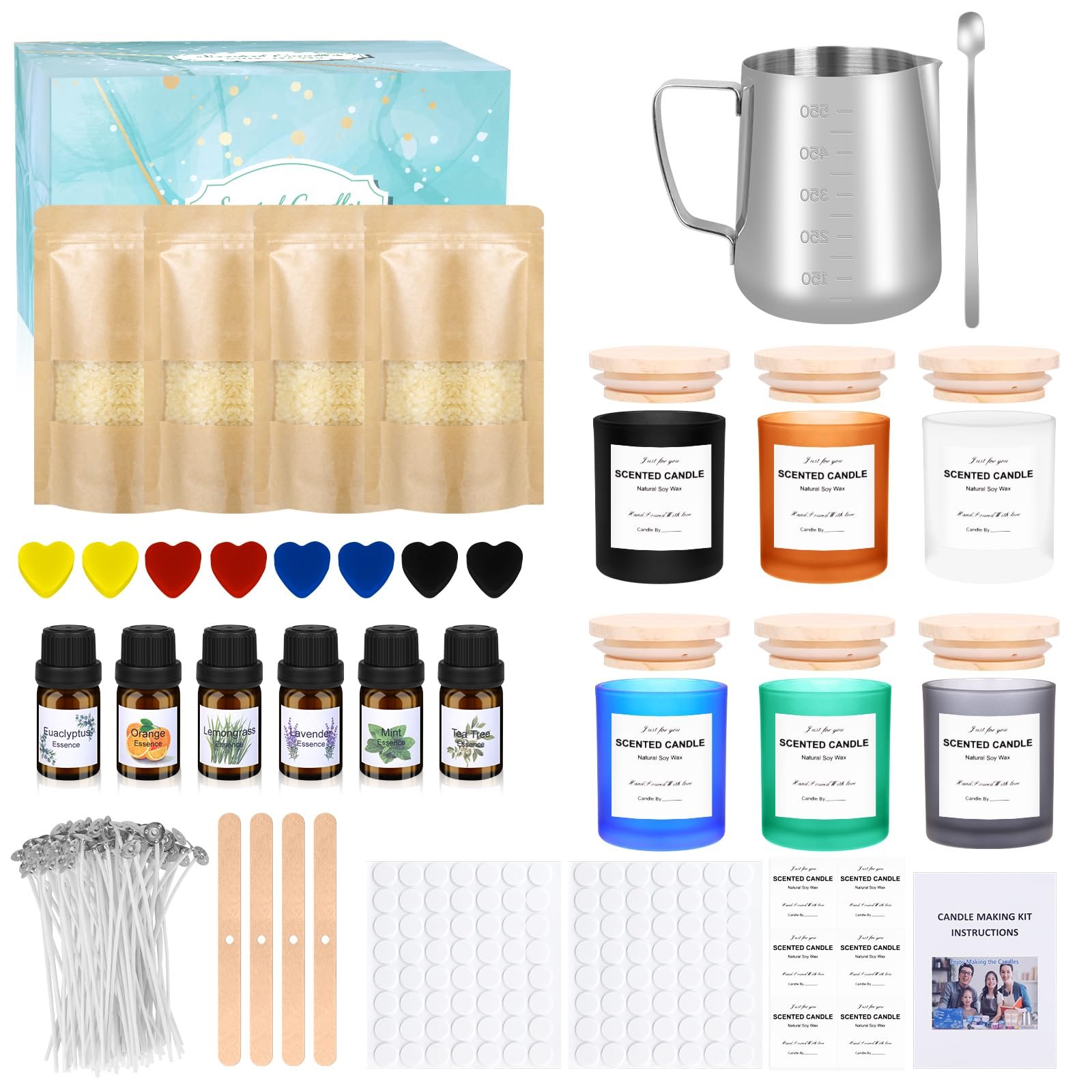 Candle making kit with wax, jars, essential oils, and instructions