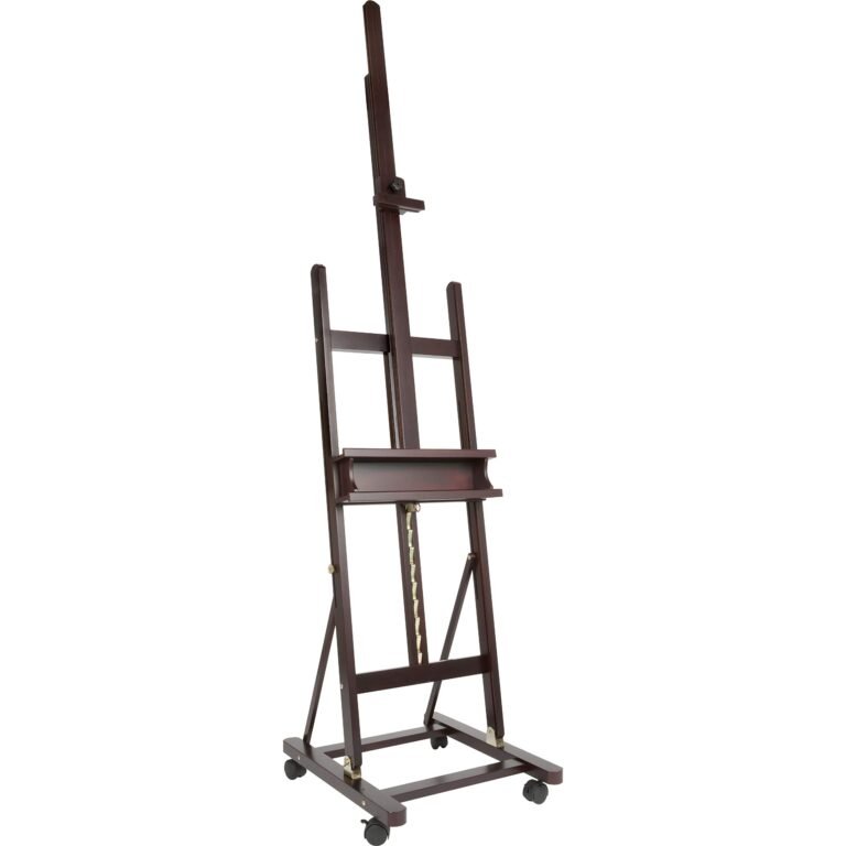 Wooden artist's easel with wheels, adjustable height, and a shelf