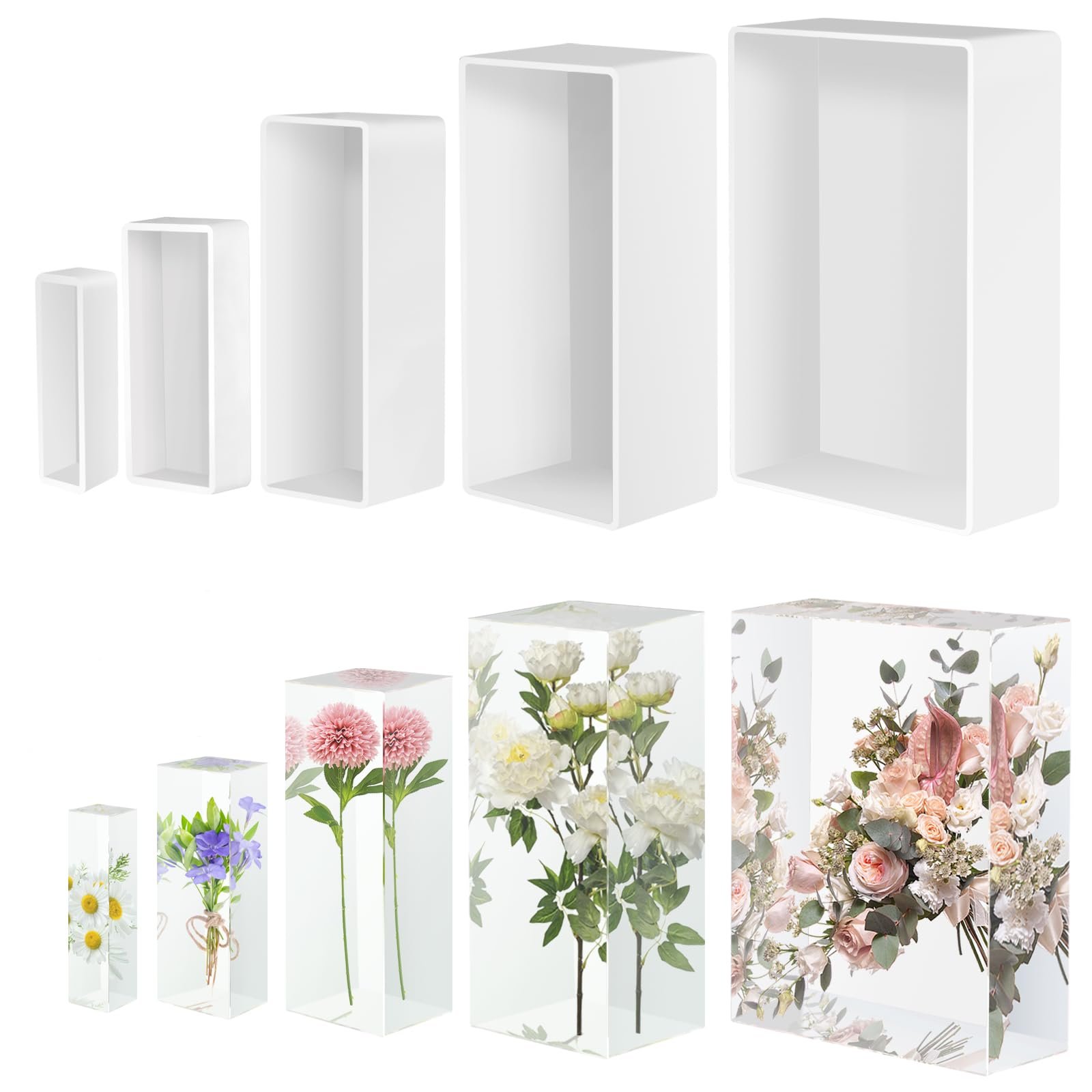 White rectangular boxes and floral arrangements encased in clear resin