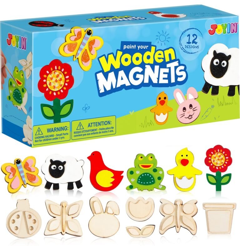 Box set of wooden magnets with animal and flower designs