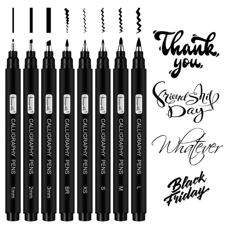 Set of black calligraphy pens with handwritten words and examples