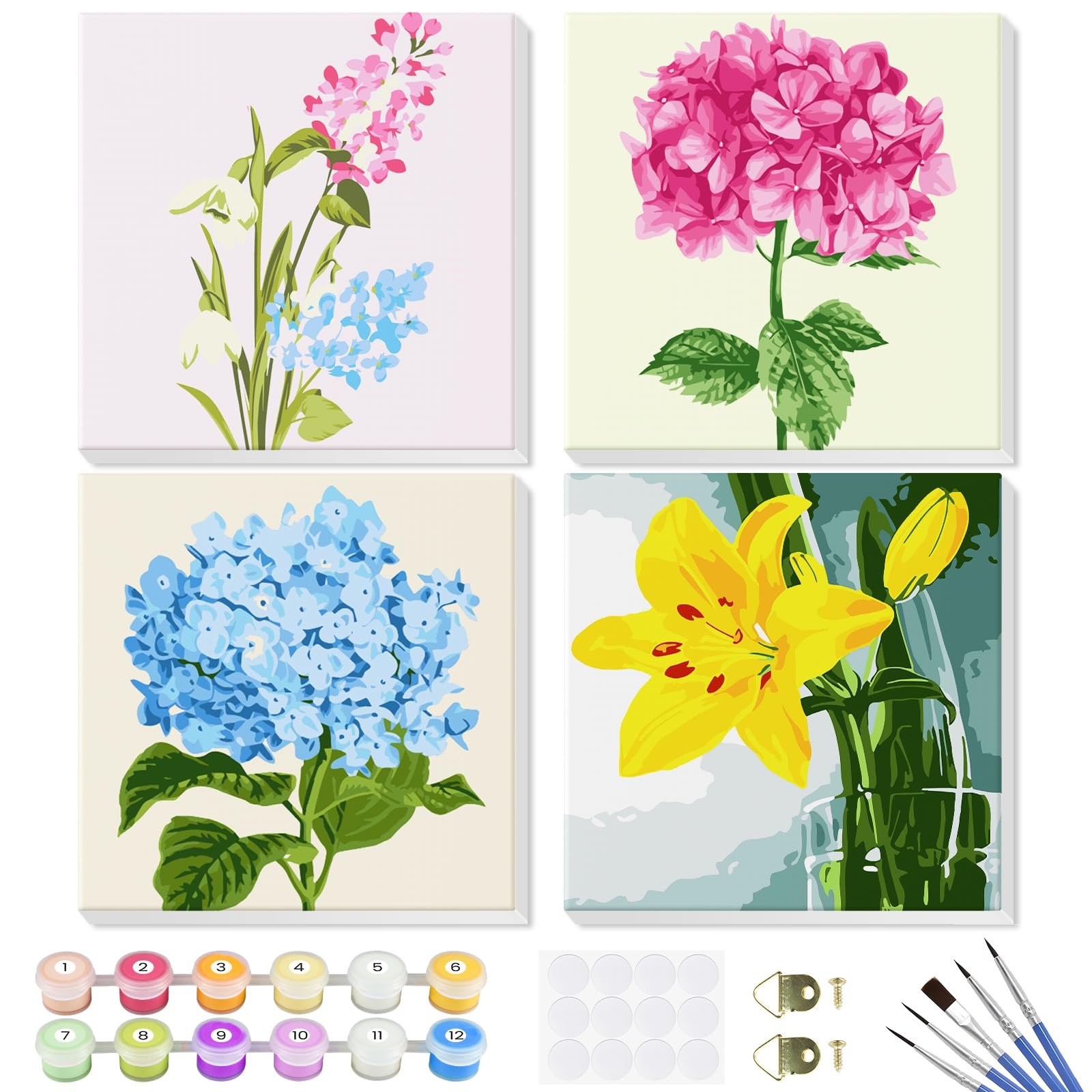 Paint-by-number kit with four floral paintings, paints, brushes, and hardware
