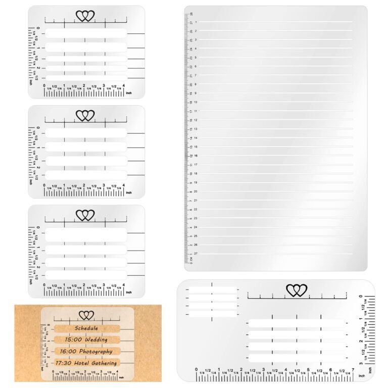 Various clear plastic templates with rulers, hearts, and lined boxes for writing