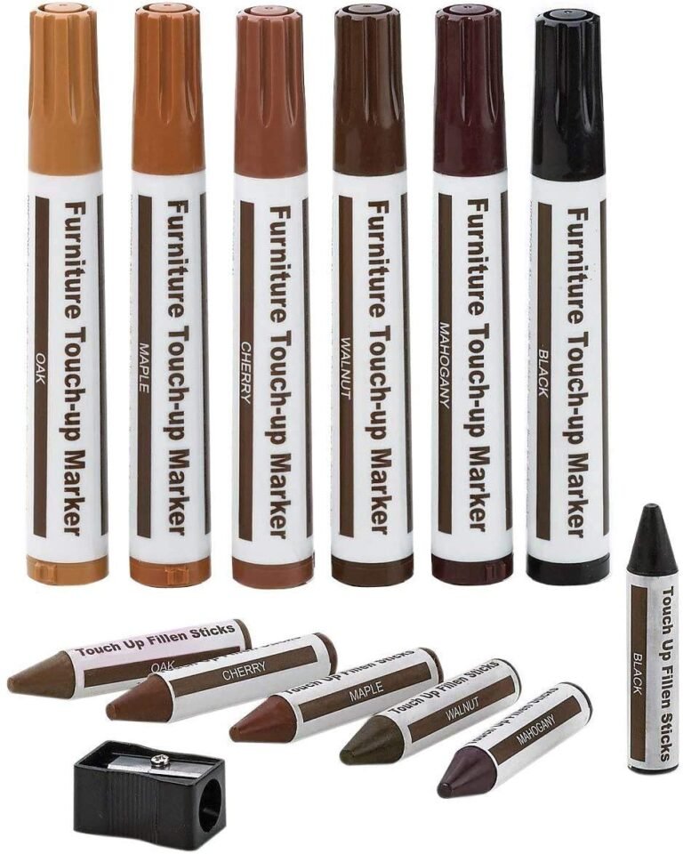 Furniture touch-up markers and fill sticks in various wood stain colors