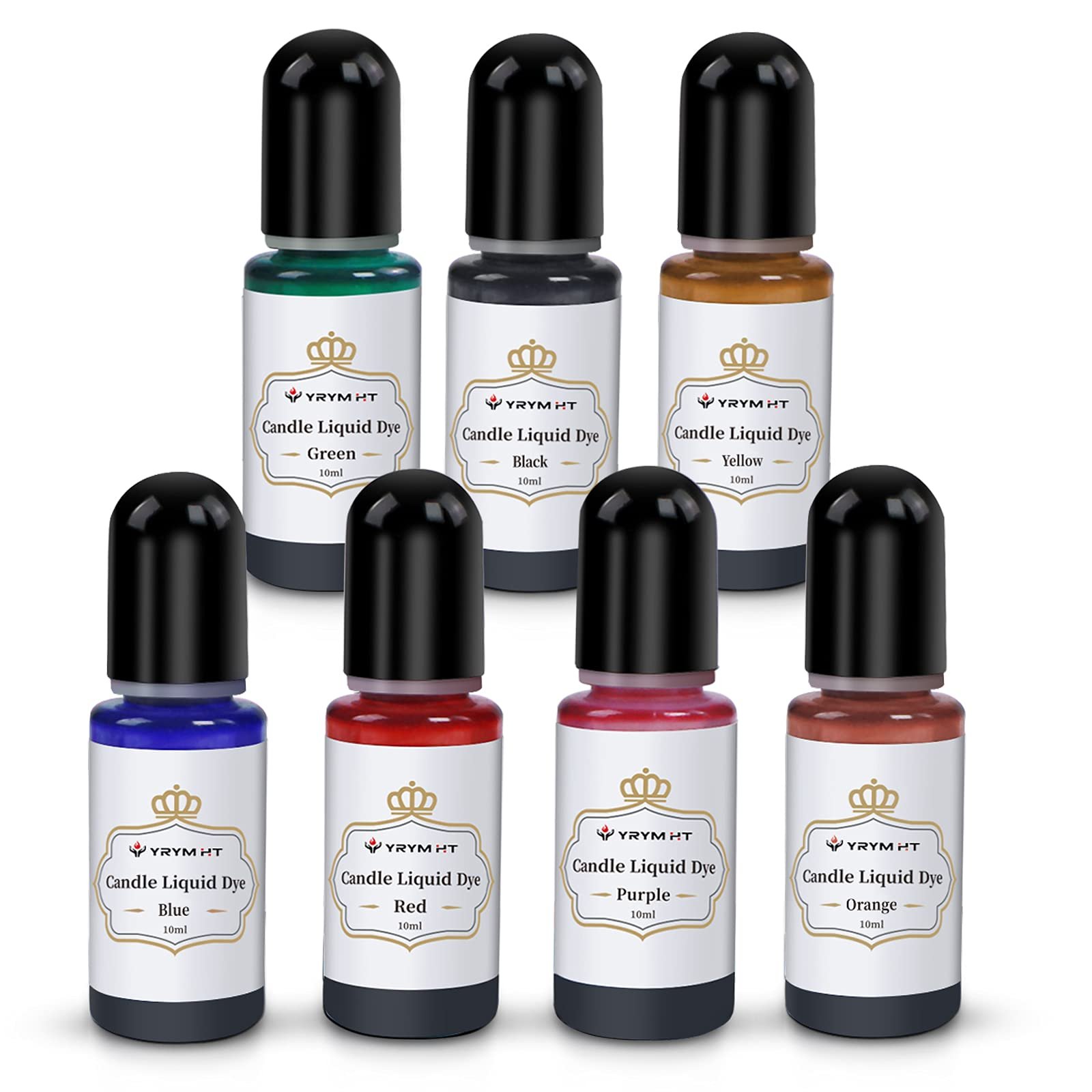 Bottles of candle liquid dye in various colors, including green, black, and yellow