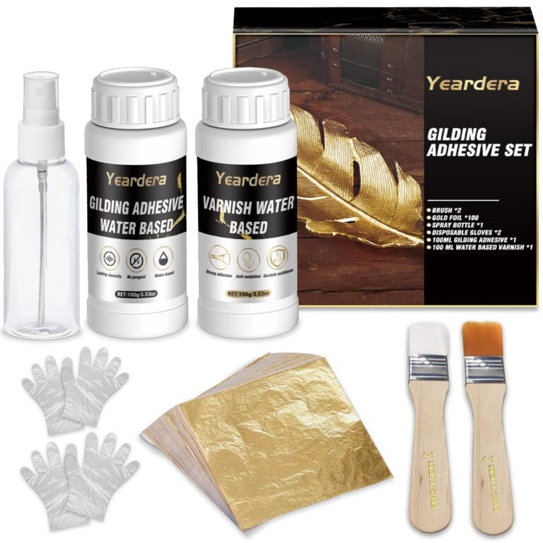 Gilding adhesive set with bottles, gold foil, brushes, and gloves on white background