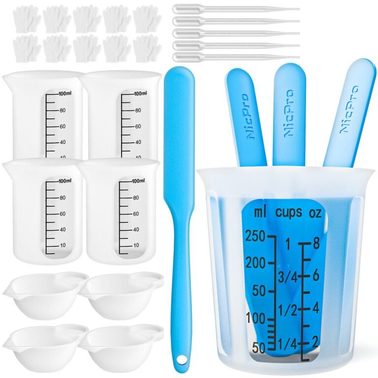 Mixing and measuring kit with cups, gloves, pipettes, and spatulas