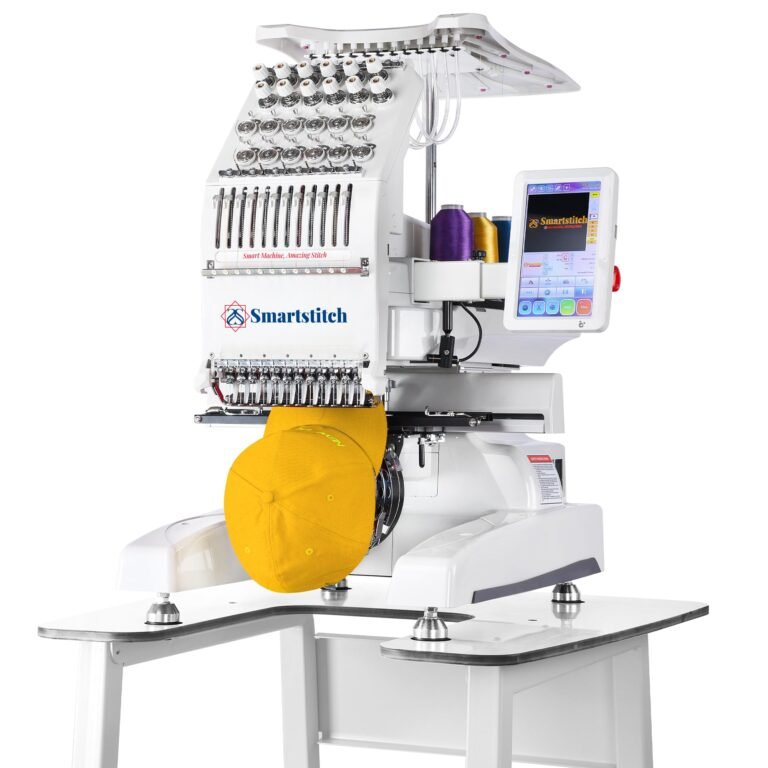 Smartstitch embroidery machine with a yellow cap in place for stitching