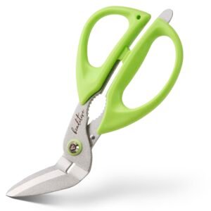 Green handled kitchen shears with a serrated edge and a bottle opener