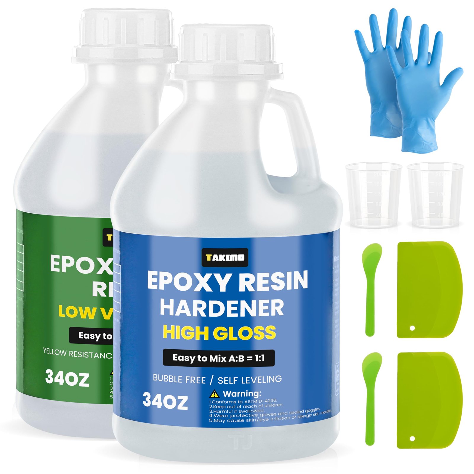 Epoxy resin and hardener kit with gloves, cups, and mixing tools