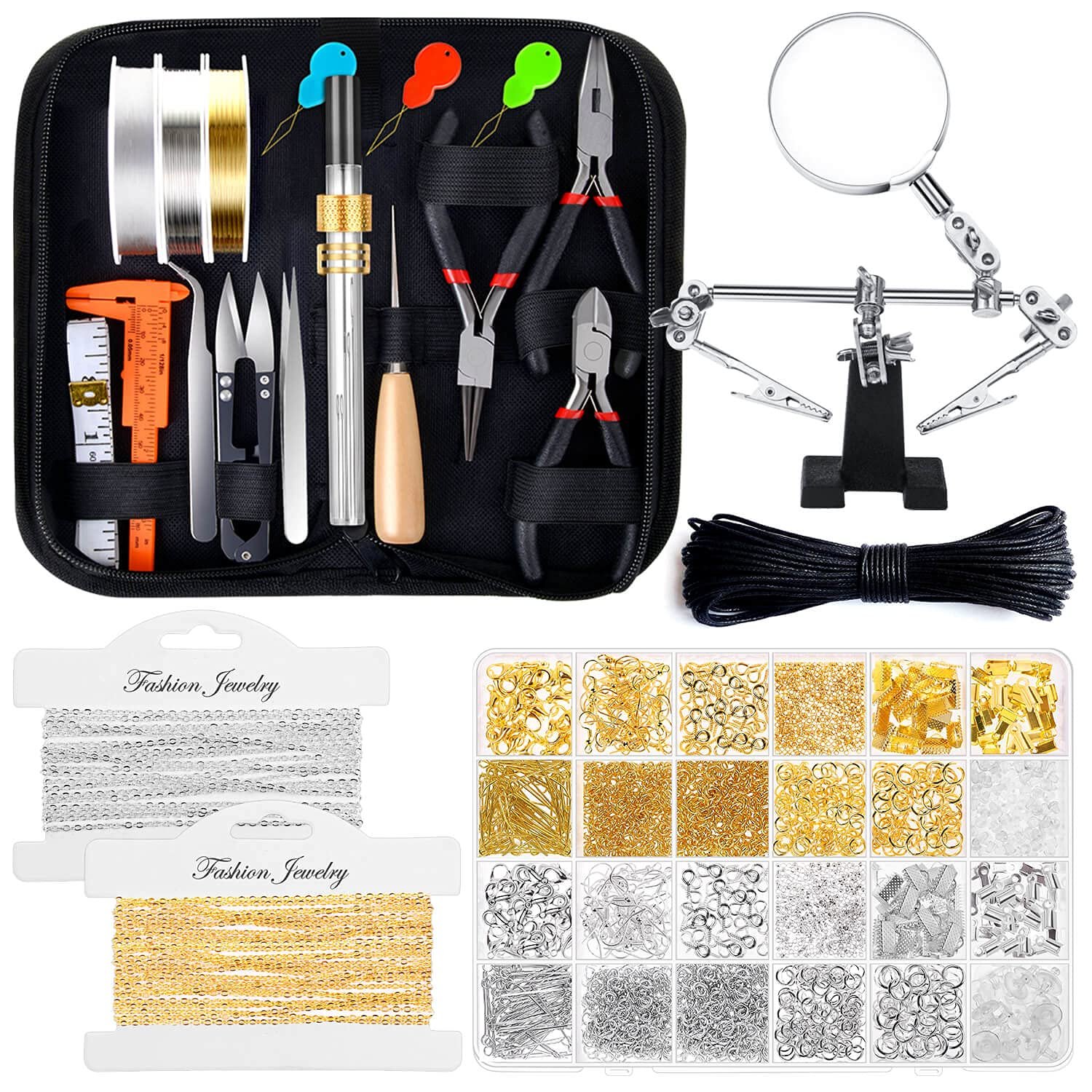 Jewelry making kit with tools, chains, and various metal findings in containers