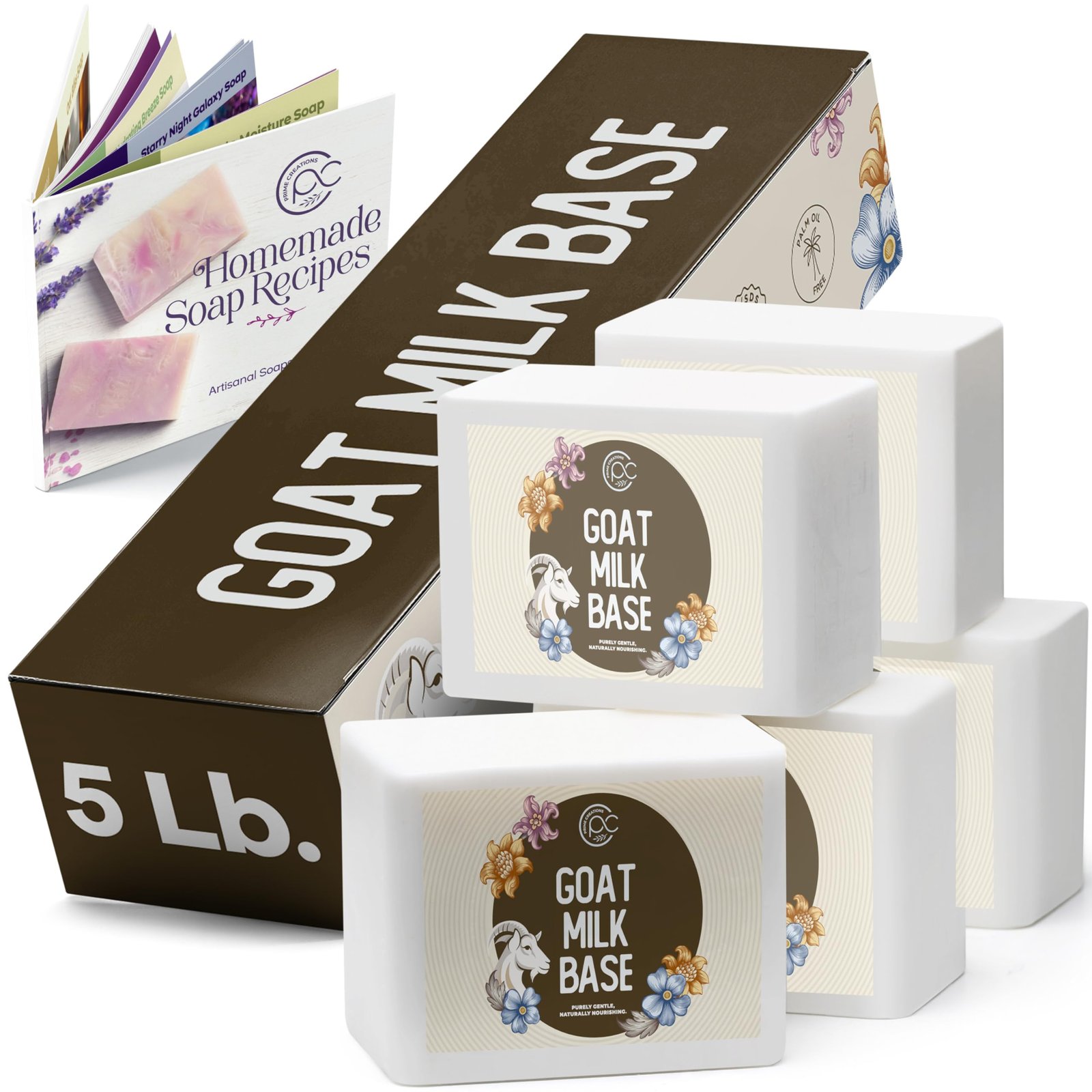 Box of goat milk soap base with recipe book and bars