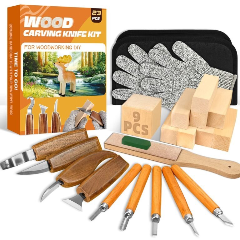 Wood carving knife kit with knives, gloves, blocks, and sharpening tools