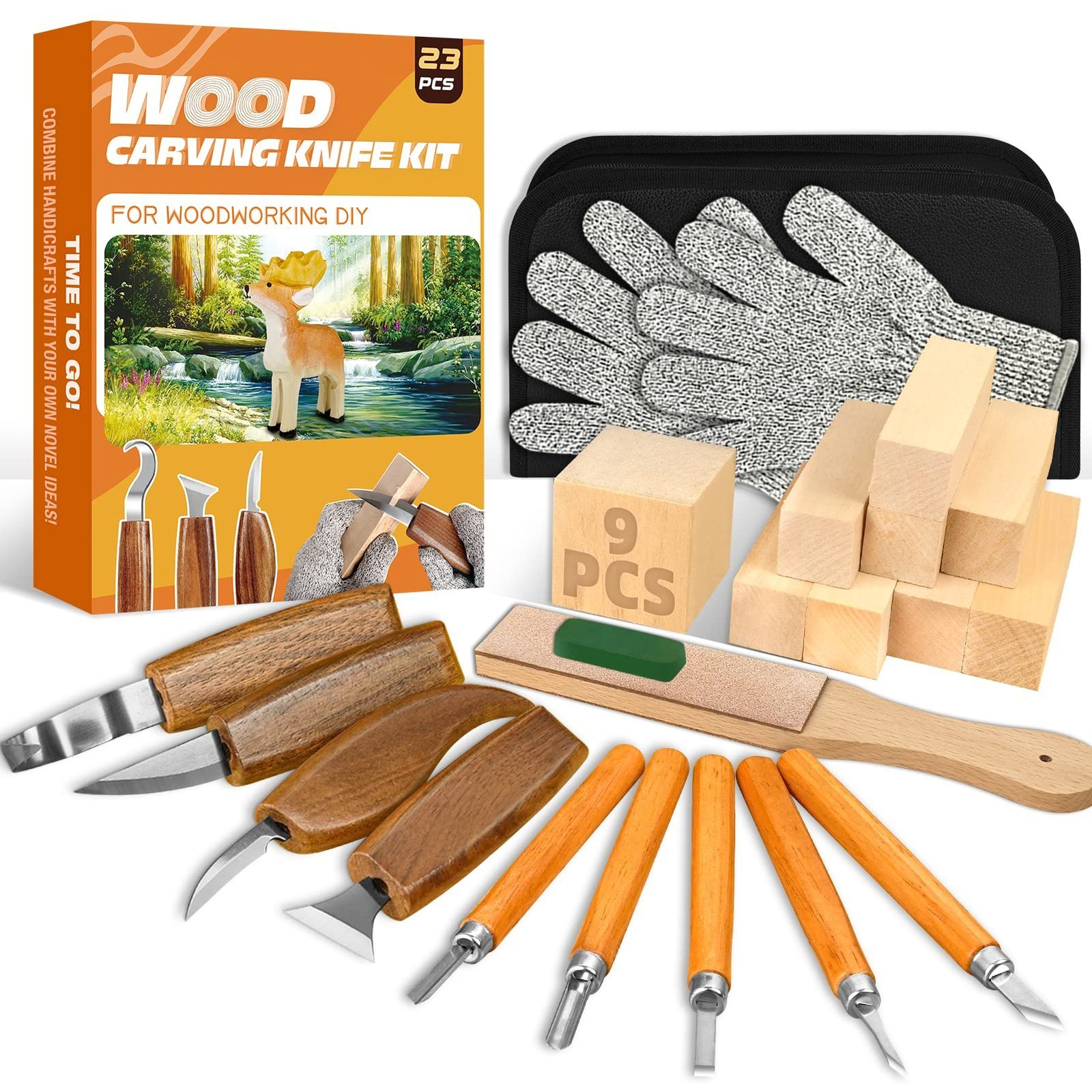 Wood carving knife kit with knives, gloves, blocks, and sharpening tools