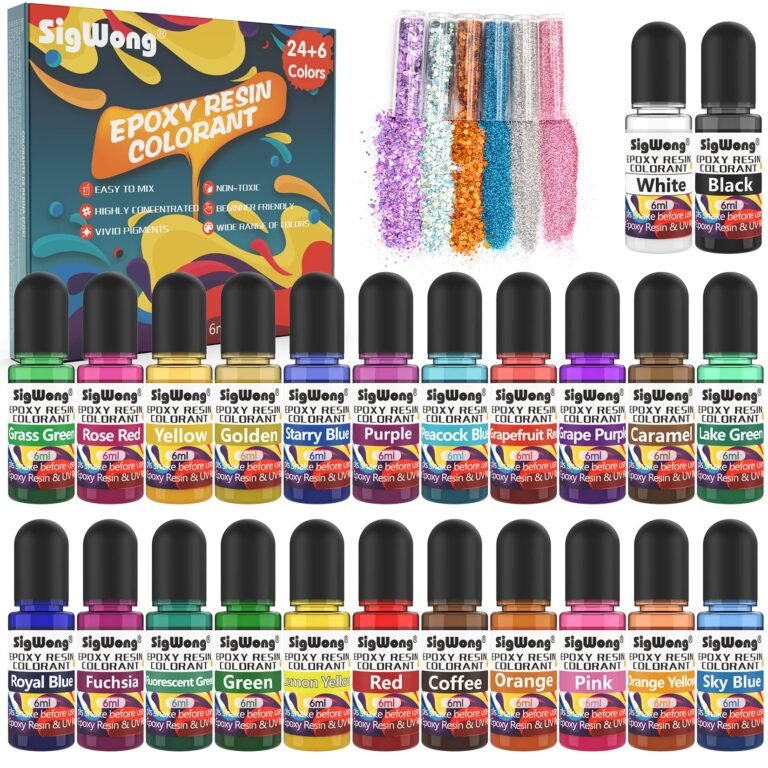 Epoxy resin colorant set with 24+6 colors, glitter, and bottles
