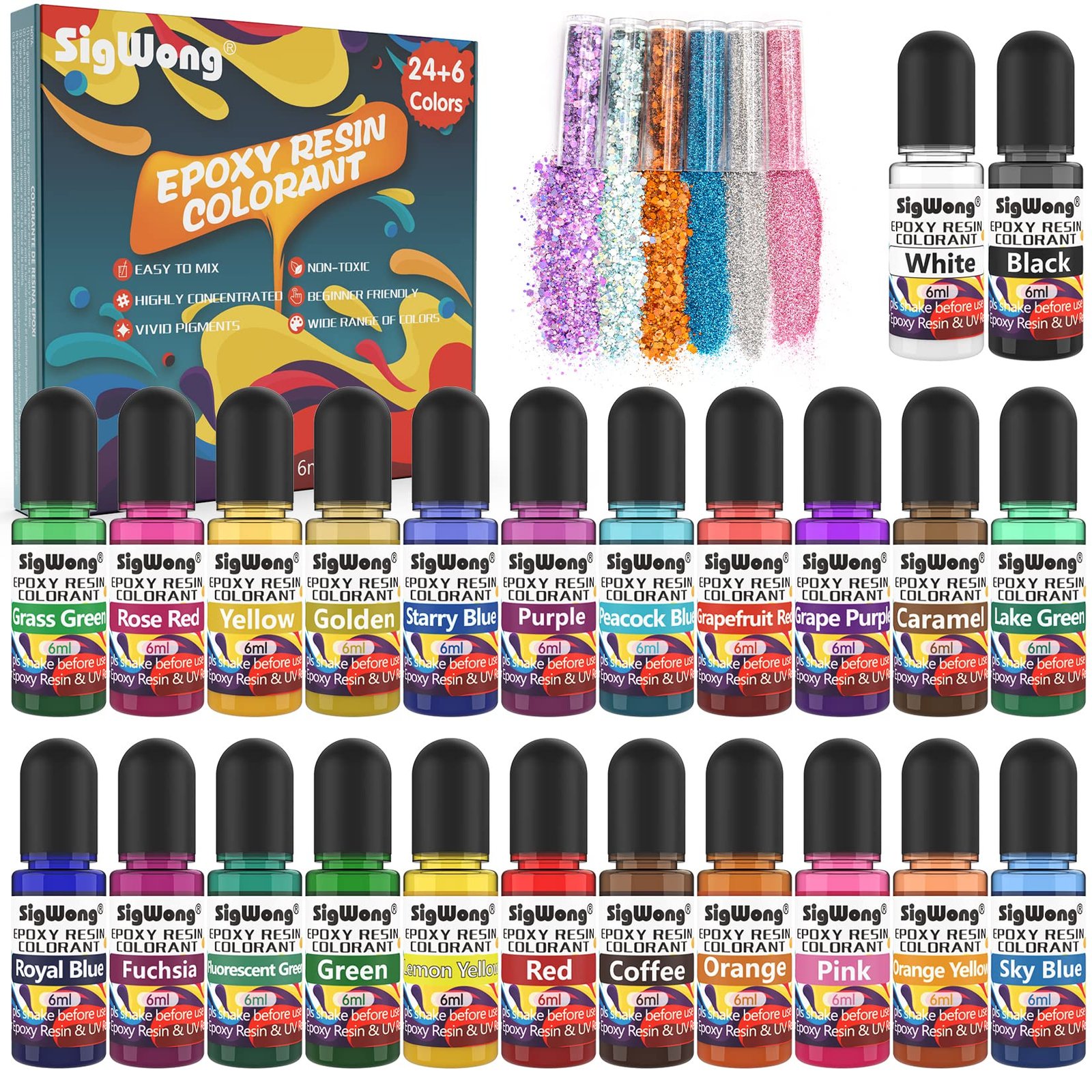 Epoxy resin colorant set with 24+6 colors, glitter, and bottles