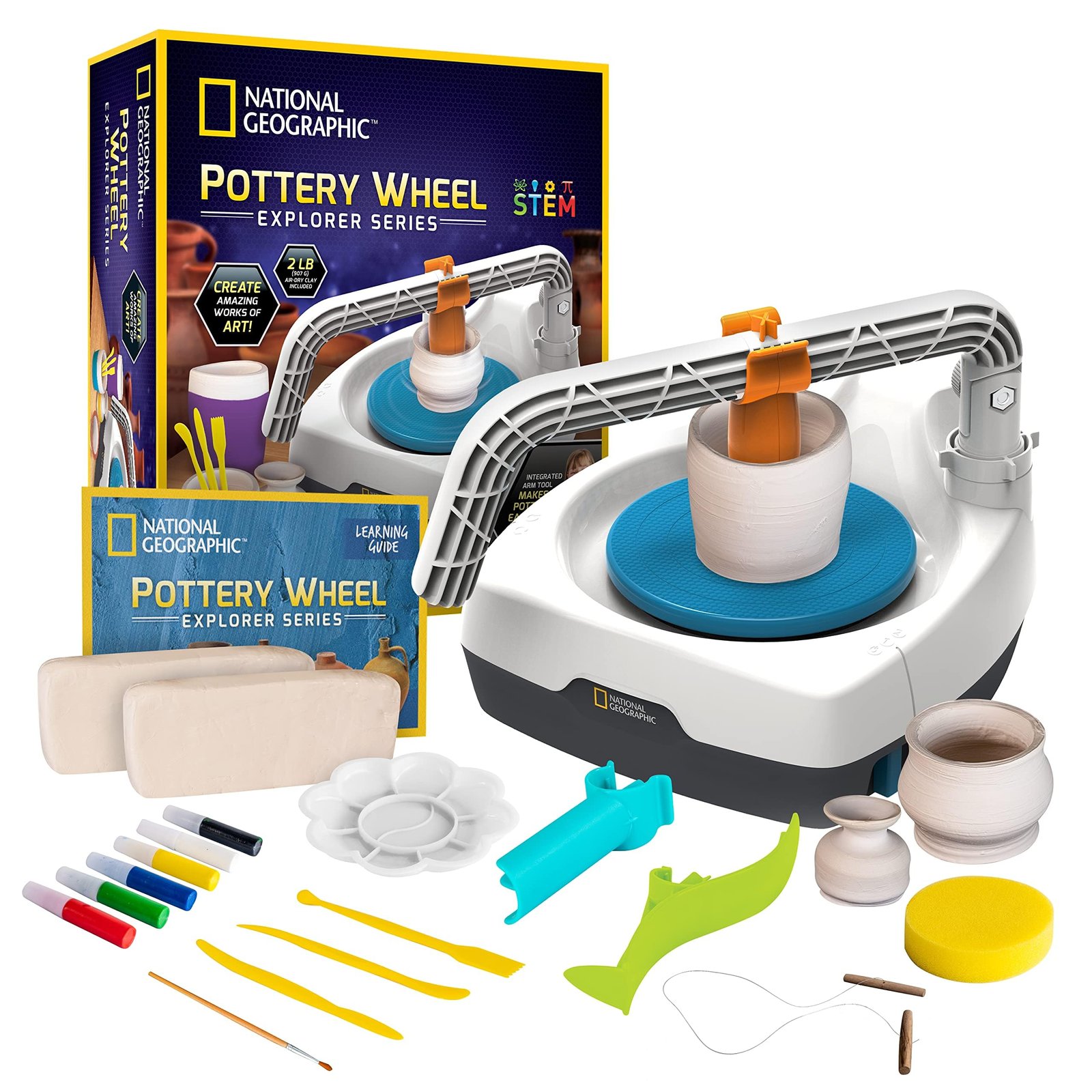National Geographic pottery wheel kit with clay, tools, and instructions