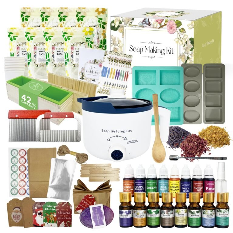 Soap making kit with melting pot, molds, essential oils, and ingredients