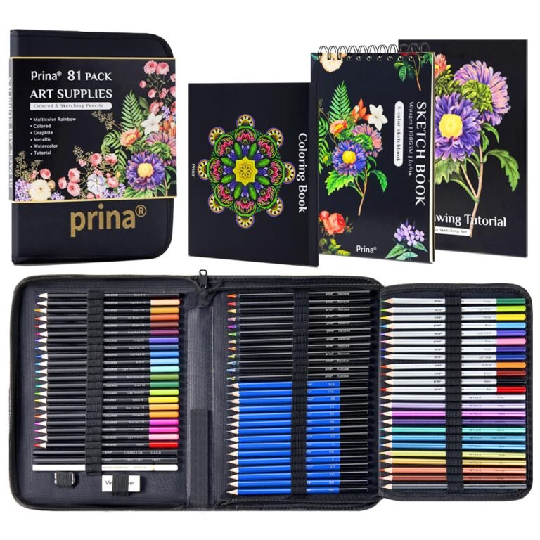 Prina 81-pack art supplies set with colored pencils, sketchbook, and coloring book