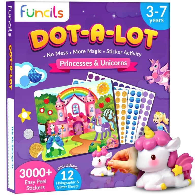 Dot-A-Lot" sticker activity kit for kids with unicorns and princesses theme