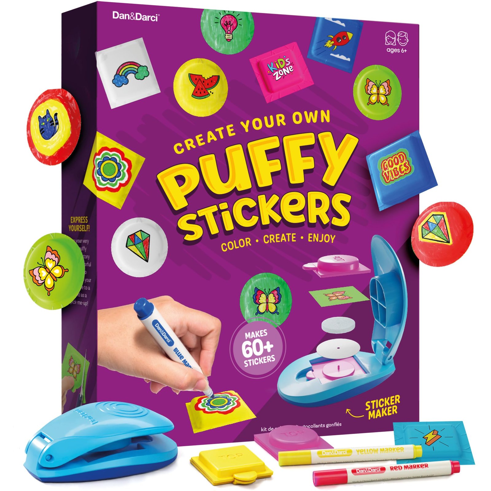 Puffy sticker maker kit with markers, stickers, and a sticker maker