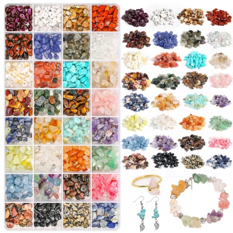 Assortment of colorful gemstone beads in containers, jewelry, and earrings