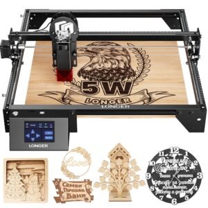 Laser engraver etching an eagle design on wood, with additional craft examples