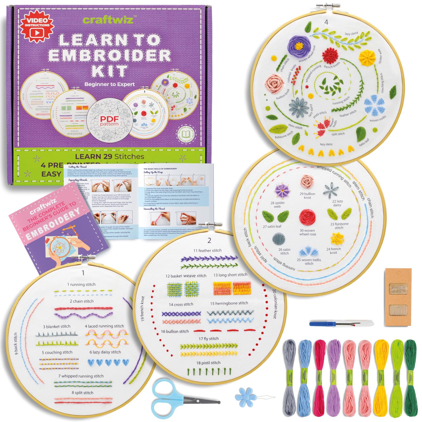 Embroidery kit with instructions, hoops, thread, needles, and examples of 29 stitches
