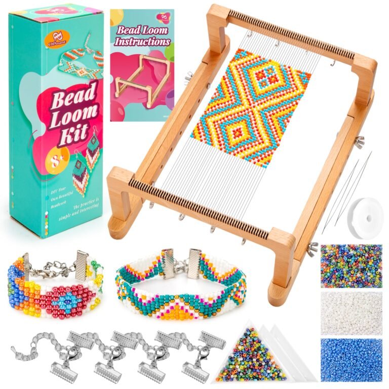 Bead loom kit with colorful beads, instructions, and finished bracelets