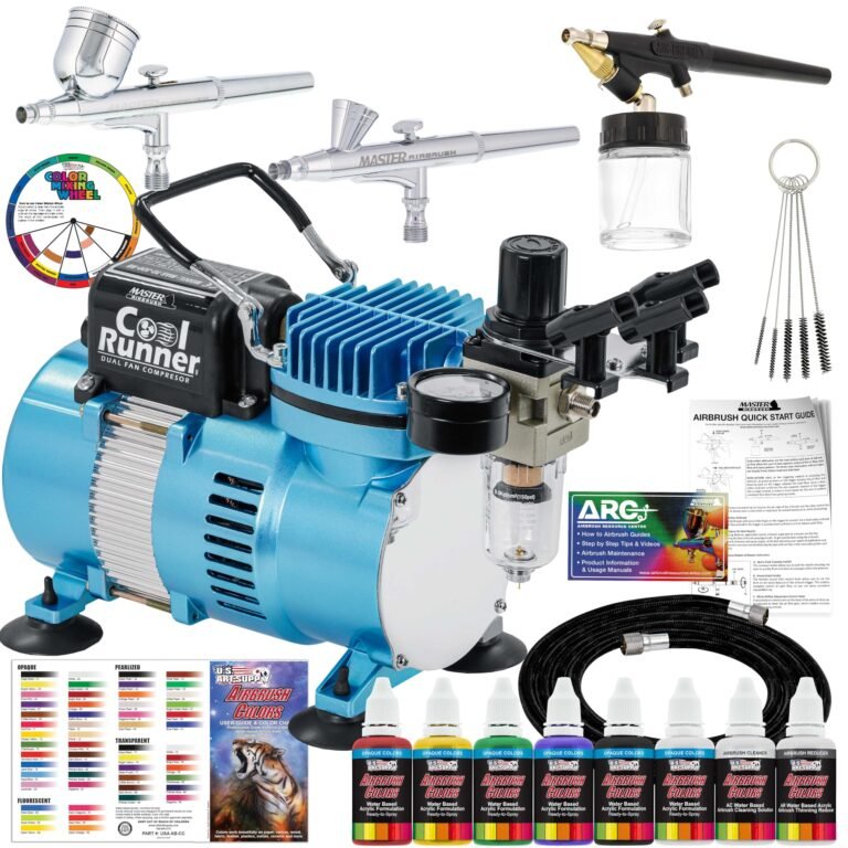 Airbrush kit with compressor, airbrushes, paint, color wheel, and cleaning supplies