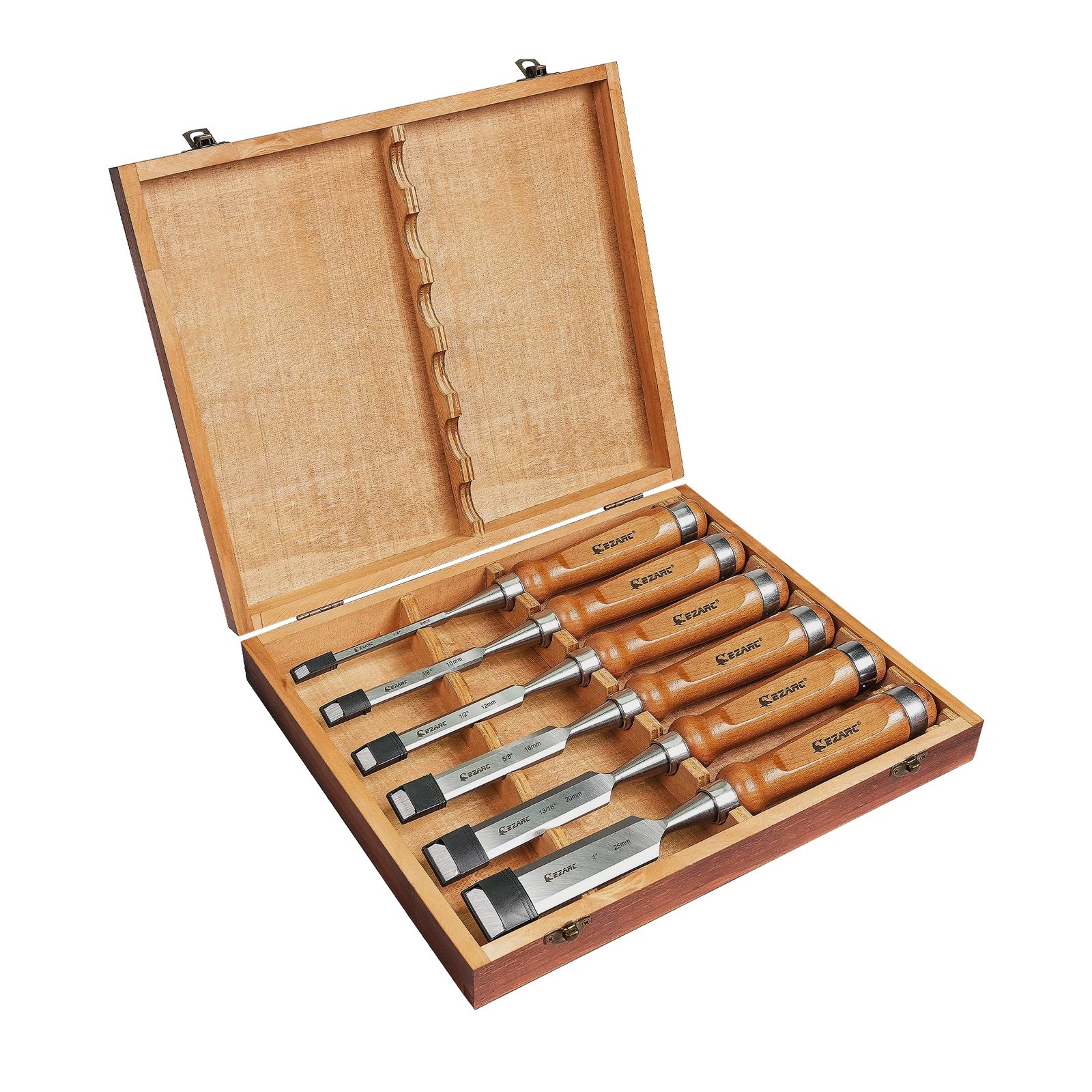 Set of wood chisels with wooden handles in an open wooden box